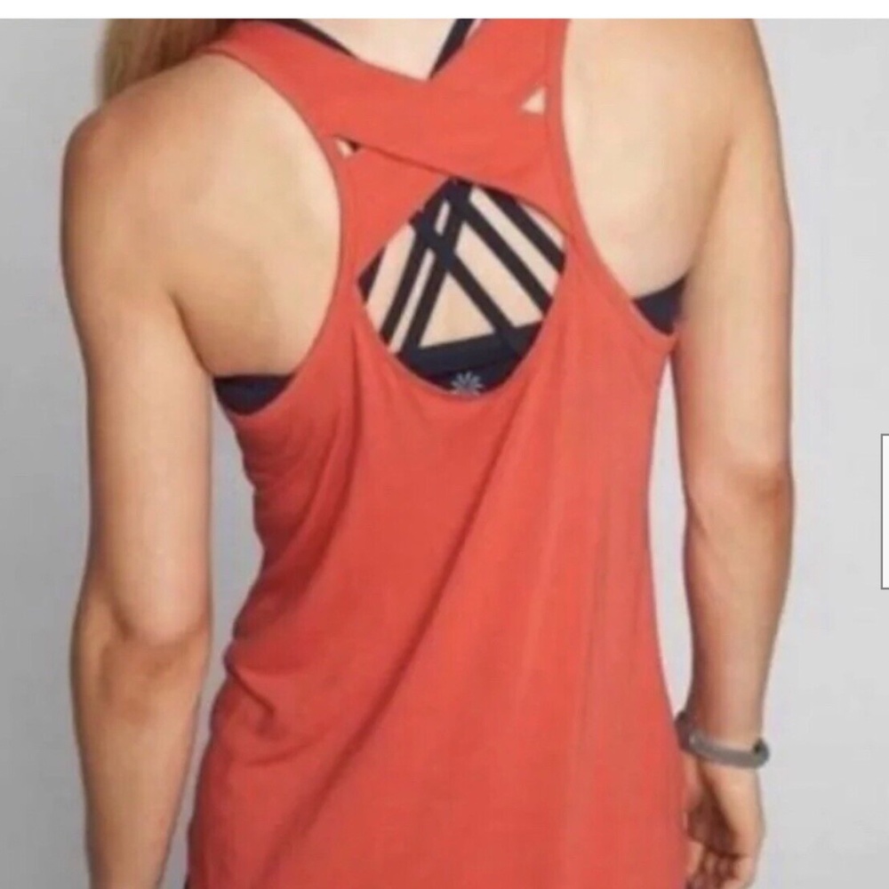 Athleta Yogini Tank Top Womens Orange Crossback Crew Neck Round Hem Hi Law